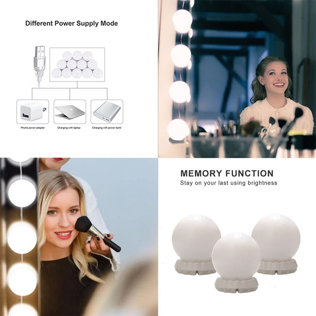 10LED LED Makeup Mirror Light Bulb Vanity Lights Stepless Dimmable Wall Lamp Bulbs Kit for Dressing Table
