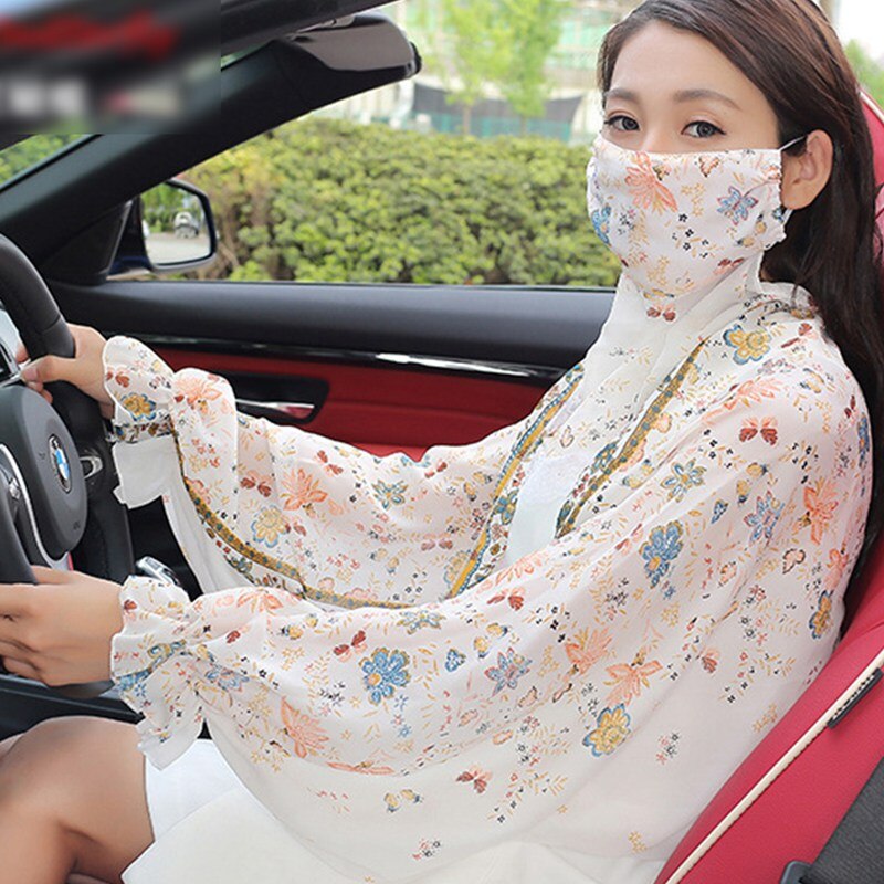 Femmes été conduite crème solaire foulards avec masque châle fleur imprimé Protection solaire plage châle randonnée écharpe