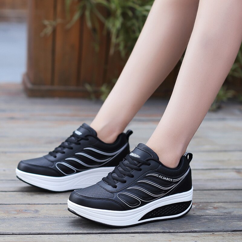 ALI&BOY PU leather women's running shoes Platform Slimming Shoes Ladies Wedges Swing women sport shoes white sneakers woman: Black / 6.5