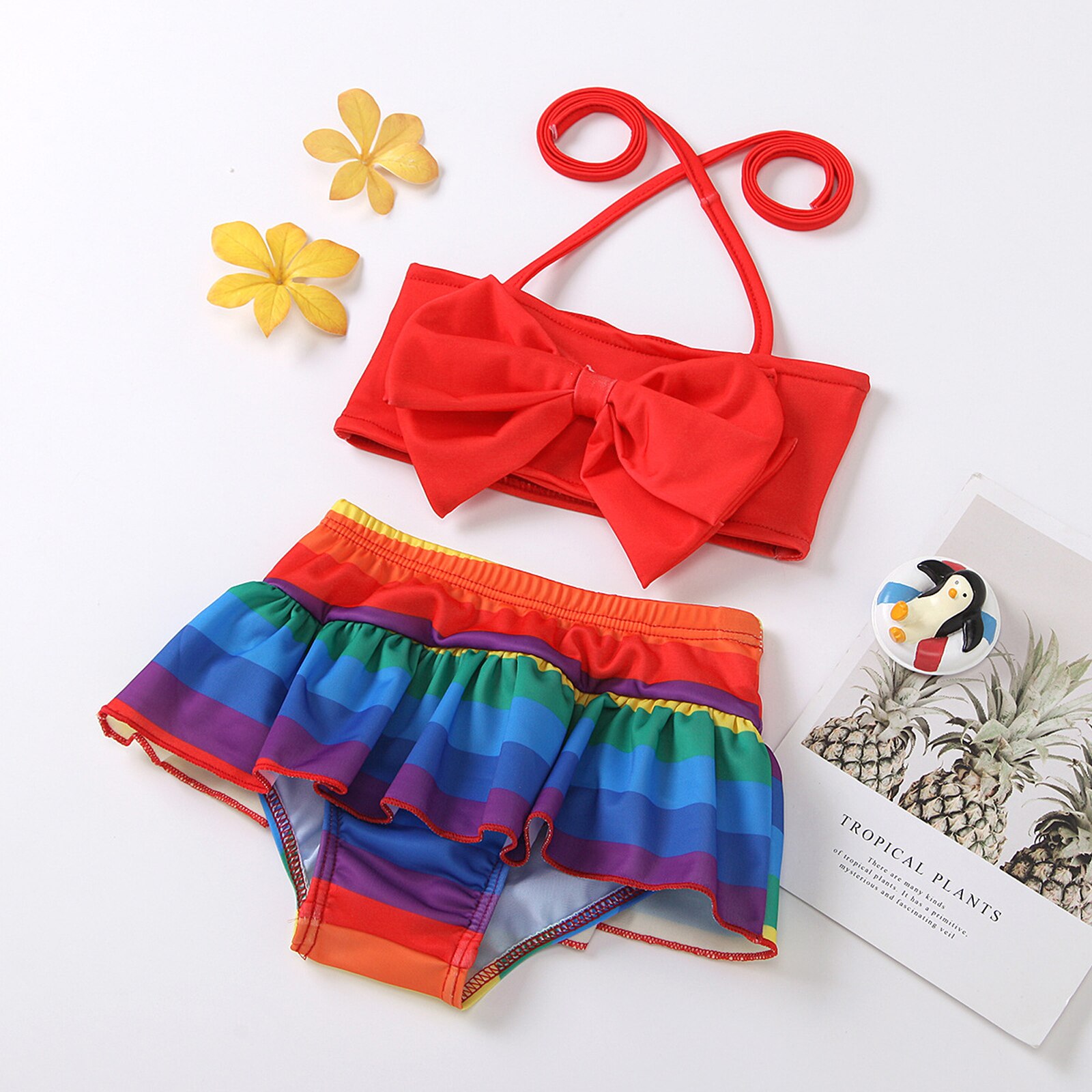 Girls Two-piece Swimming Clothes Set, Halter Neck Sleeveless Tops and Printed Pattern Shorts, Rosy/ Red/ Orange/ Yellow 6M-4T