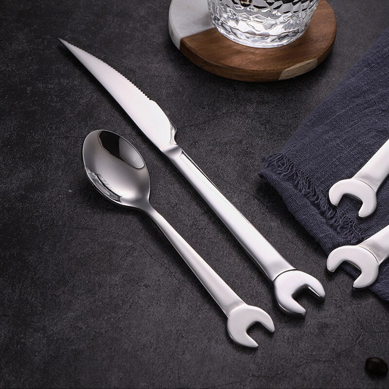 6Pcs Wrench Shape Tea Fork Spoon Knife 304Stainless Steel Dinner Spoon Coffee Cutlery Set Tableware Kitchen Accessories