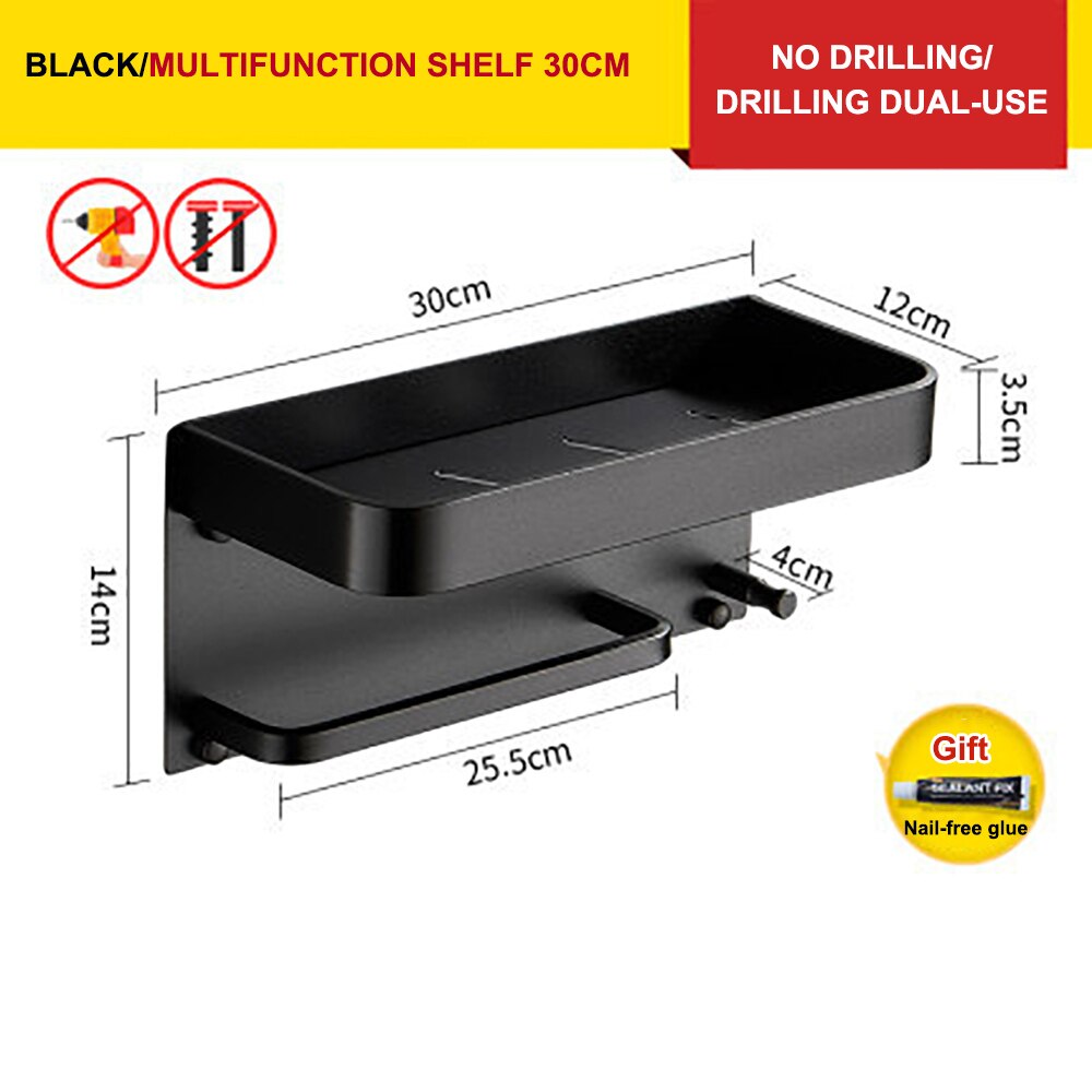 Wall Mount Shower Caddy Holder Bathroom Rack Towel Rail Self Adhesive Bathroom Storage Shelf Kitchen Organizer Rack Wall Shelf: 30cm Black