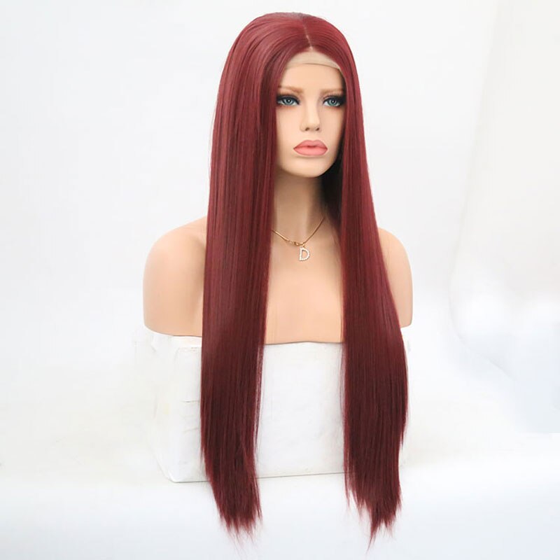 "bomba" wino burgundzkie czerwone proste syntetyczna koronka peruka przód włókno termoodporne naturalną linią włosów środkowa część dla kobiet peruki