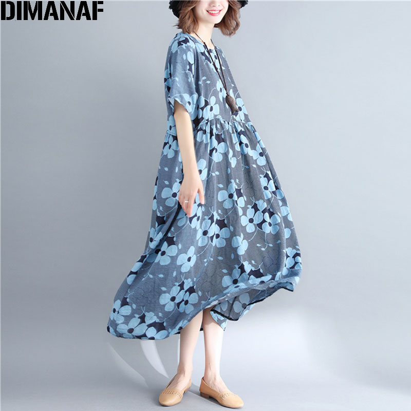 DIMANAF-vestido de lino de talla grande Vintage para mujer, vestido holgado de talla grande, azul, para playa y vacaciones de verano,