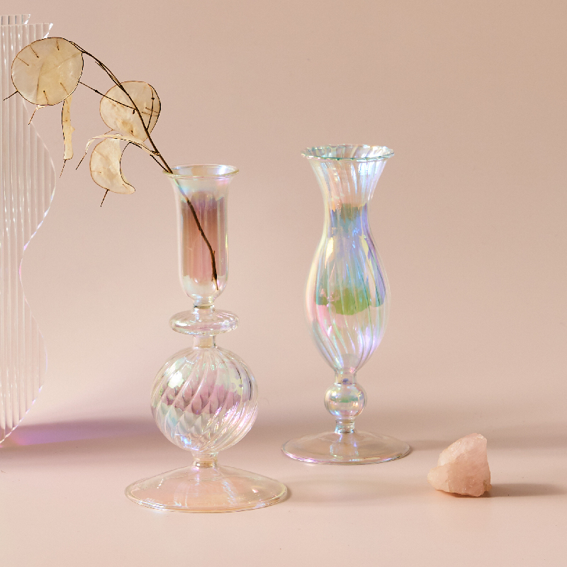 Portavelas iridiscentes, florero nórdico de arcoíris, decoración del hogar, decoración de mesa nórdica, soporte de palo de vela de vidrio para habitación