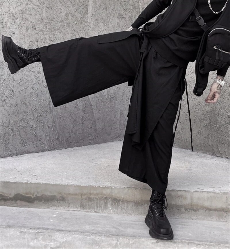 Pantalones de falda negra oscura para hombre, pantalón informal holgado de pierna ancha, de nicho, pantalones irregulares de nueve puntos