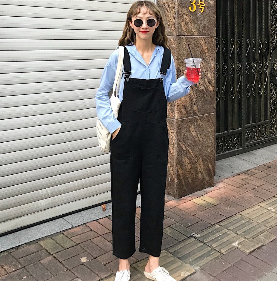 Kvinder retro overalls koreansk street style ren sort vild løs kæreste denim overalls ni point brede ben bukser college