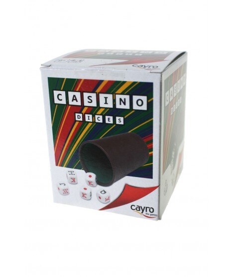 Cubilete con cinco dados para juego de póker. Medidas: 9xØ7 cm.