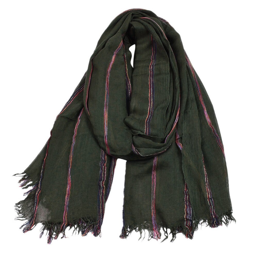 Red Cotton Linen Men Scarf Spring Autumn Striped Tassel Scarf Men Ethnic Style Male Accessories: Army Green