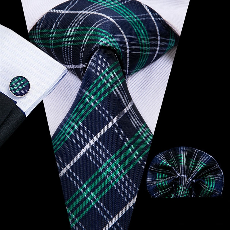 Hi-Tie Christmas 100% Silk Ties For Men Hanky Cufflinks Set 20 Styles Men's Tie Floral Green Plaid Gravatas Party Large Necktie: C-3044