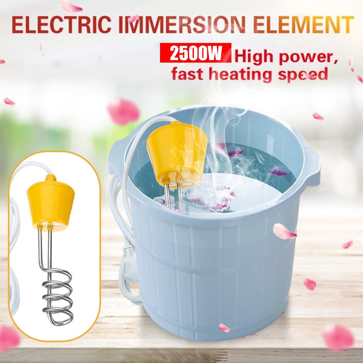 Water Heating Element 2500W Immersion Water Heater Electric Heating Element Mini Water Boiler for Travel Bath Tub Home 2m Cable