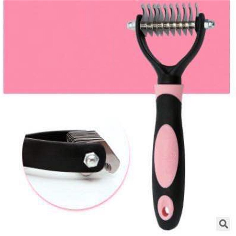 Roestvrijstalen open knoopkam voor huisdieren, hondentrimmer met zachte handgreep (roze/blauw)