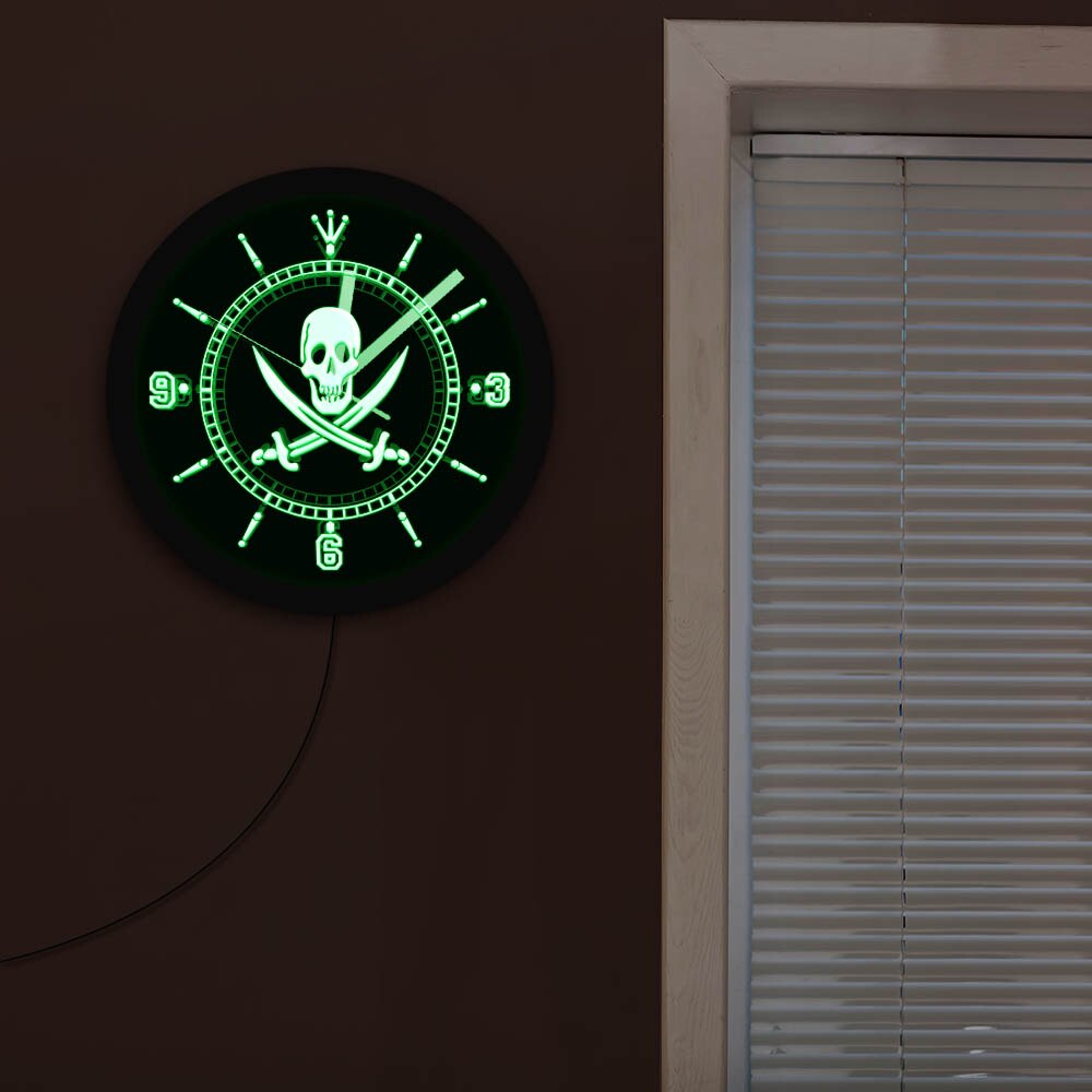 Jolly Roger Pirate LED Neon Sign Wall Clock with LED illumination Skull With Crossed Swords Wall Clock Pub Bar LED Home Decor