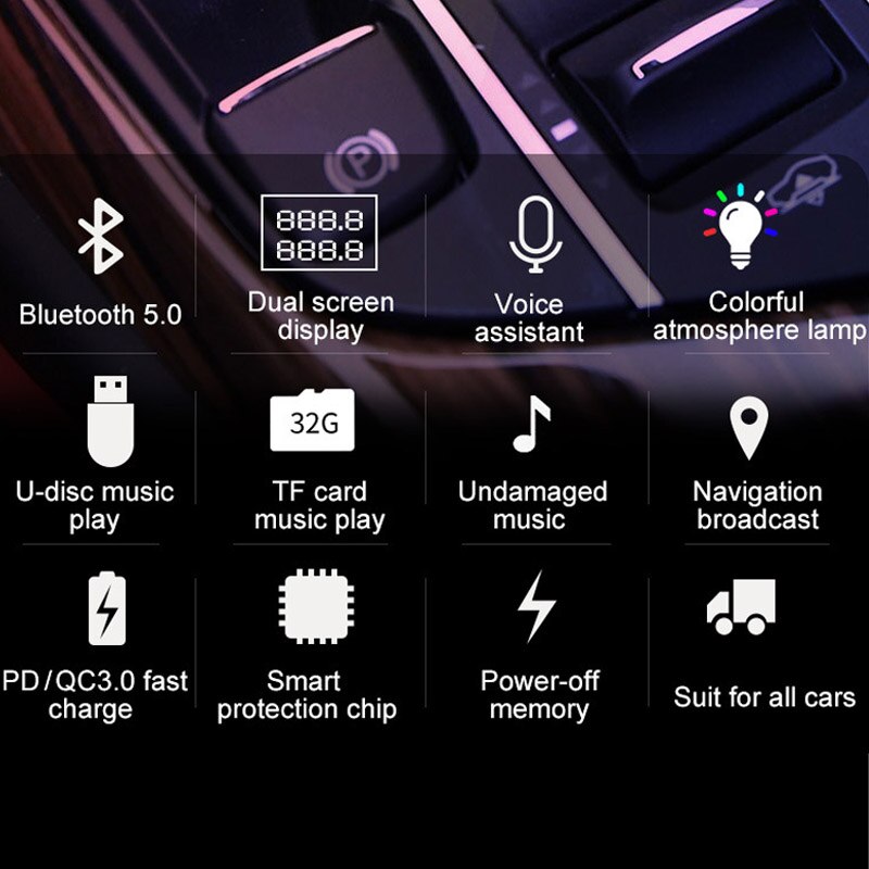 JaJaBor Bluetooth 5.0 Car Kit Handsfree Wireless FM Transmitter Dual Screen Display Car MP3 Player with PD18W QC3.0 Quick Charge