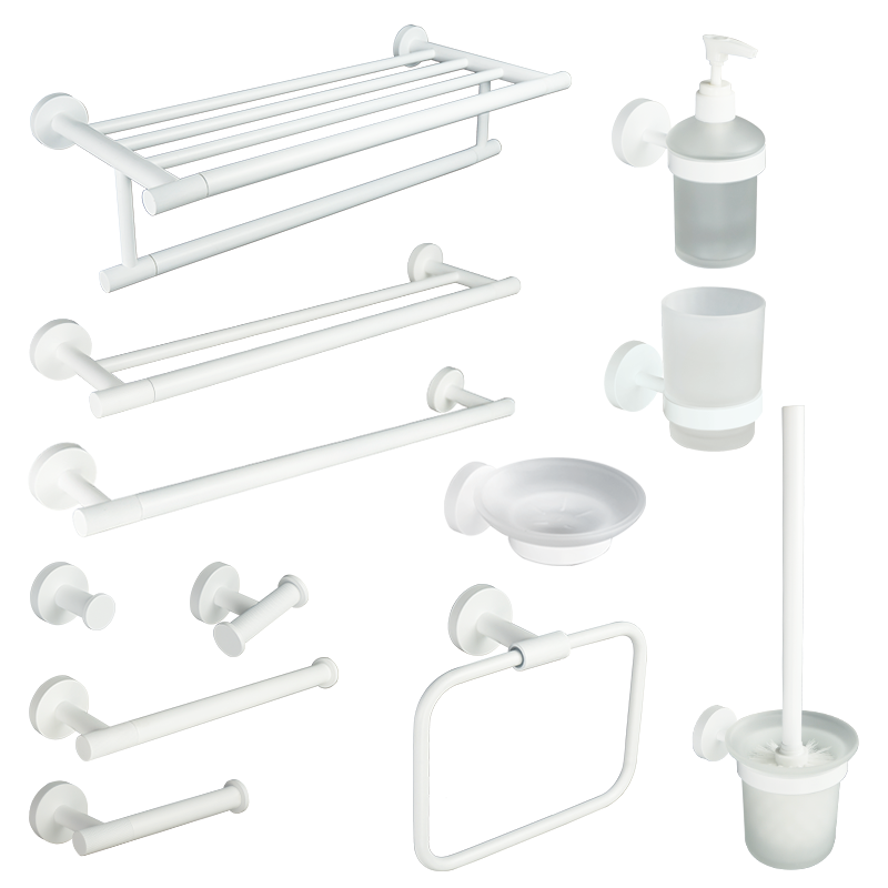 Juego de accesorios de baño blanco mate, soporte de toalla de baño, soporte de papel, gancho para bata, cepillo de inodoro, jabonera, estante de toalla