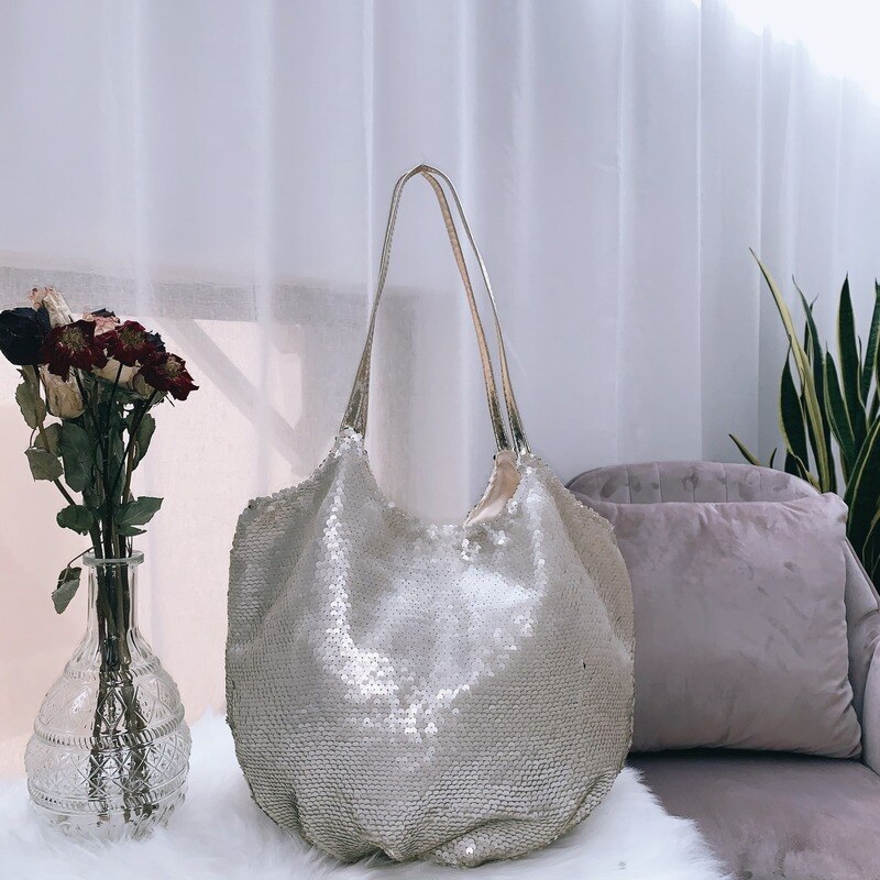 Bag for Women All-Match Big Bag Sequins Tote One Shoulder Bag Handbag Simple Cloth Bag Large Capacity Magnetic Button