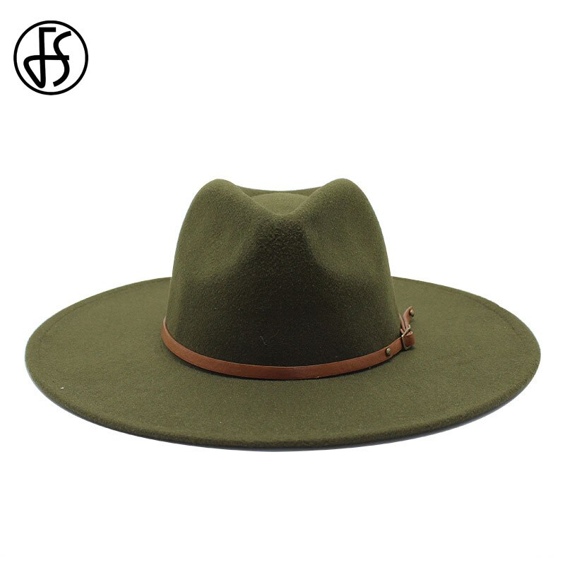 Fs stor imiteret uld fedora hat kvinder mænd filthuer med metal kæde dekor hvid panama trilby cowboy jazz cap chapeau sombrero: Militærgrøn
