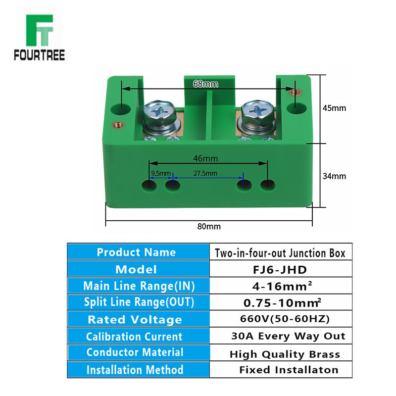 2 In 4 Out Single Phase Junction Box Quick Connect Terminal Box Splitter Metering Cabinet Wire Connection High Power Block FJ6