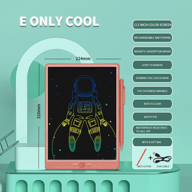 Rechargeable Graphics Tablet 13.5-Inch LCD Eye Protection Screen Anti Graphics Tablet Lightweight Portable Graphics Tablet: 13.5inch color pink