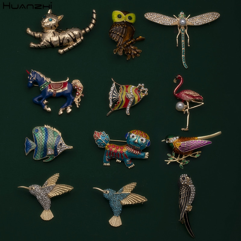 Huanzhi Vintage Druipen Glazuur Zirkoon Parel Abstracte Metalen Animal Broche Voor Vrouwen En Man Kraag Accessoires Sieraden