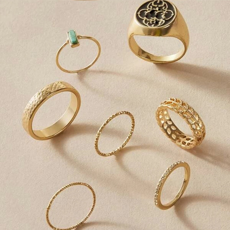 Tocona 7 stk/sæt store geometriske ringe sæt til kvinder mænd grøn rhinsten enkel twist guld farve ring smykker 10018
