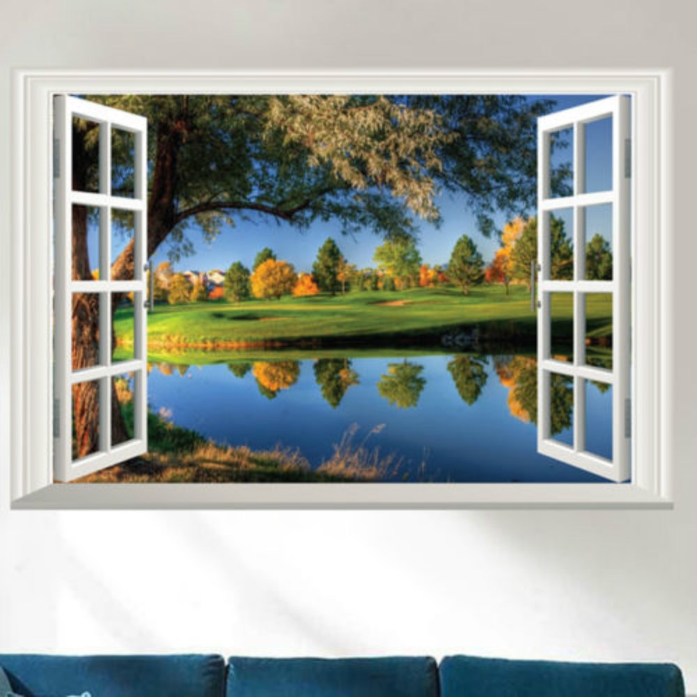 3d vindues natur tema sø landskab vandudsigt wallsticker vinyl mærkat gør-det-selv værelsesindretning 40 x 60cm