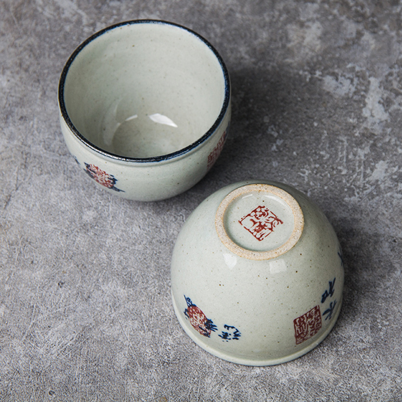 120ml Vintage Chinese Calligraphy Pottery Cups Large Wine Tea Cup Set Teaware Blue Tea Bowl Ceremony Antique Teacup Coffee Mugs