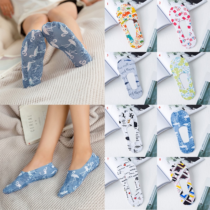 DIY Print Anti-skid Socks Silk Invisible Cats Flamingo Sock Printed in Boat Non Slip Short Socks Female Cartoon No Show Low Sock