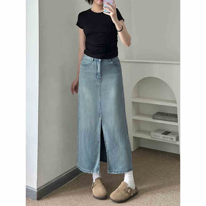 S -3xl denim nederdele kvinder sommer tynde højtaljede slidser mellemlange a-linje wrap hofter nederdel damejeankjoler street wear: Xxxl / Blå