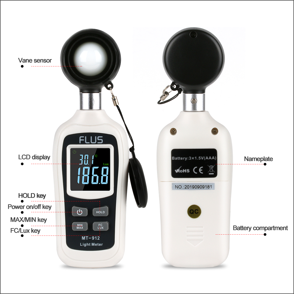 FLUS Digital Light Luxmeter Meter Temperature 0-20000 Lux Illuminometer Luminometer Photometer Lux/FC Tester Light Meter