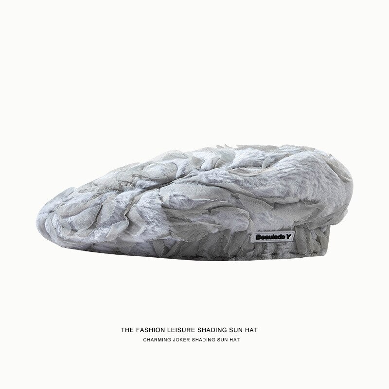 Boina de pelo de conejo para mujer, gorro de pintor negro, informal, para boda, Otoño e Invierno: gray