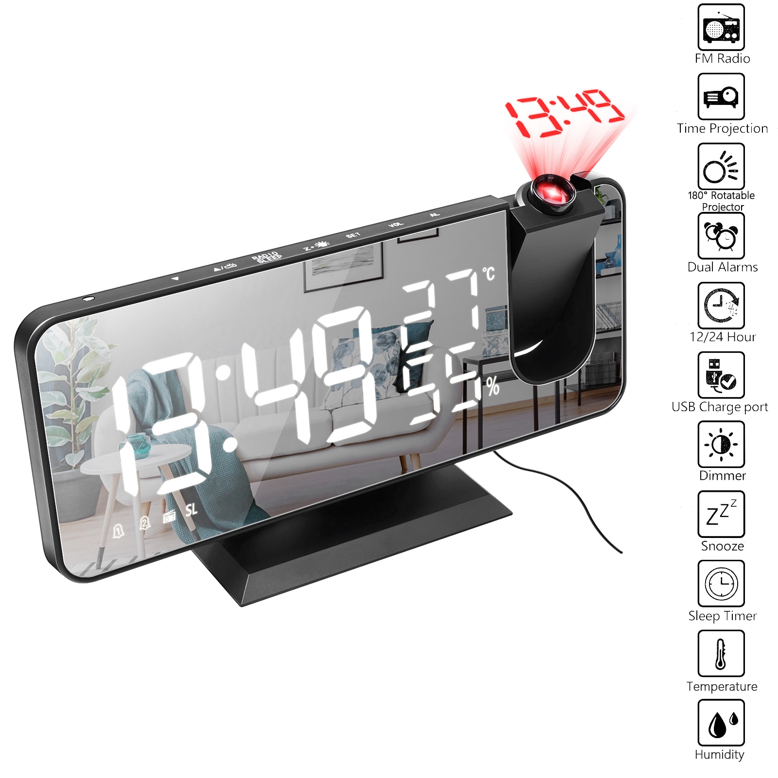 LED Digital Projection Alarm Clock Table Electronic Alarm Clock with Projection FM Radio Time Projector Bedroom Bedside Clock: Type 3