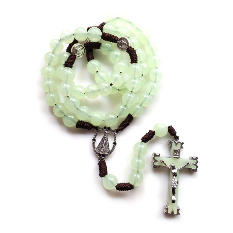 Retro rosenkrans pärlor halsband för kvinnor kors jesus hänge religiösa kristna smycken berlock: Lysande grön