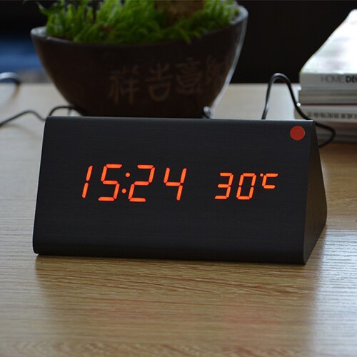 FiBiSonic Holz Digital LED Wecker Klang Kontrolle Holz Wecker LED Tisch Uhr Temperatur Kalender Uhr: Schwarz rot
