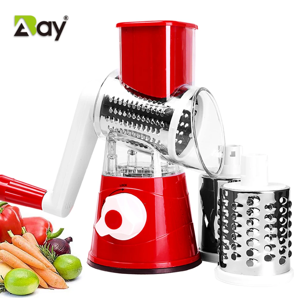 Cortador de verduras, ralladores rotativos manuales para queso, mandolina redonda, trituradora con 3 cuchillas de acero inoxidable, accesorios de cocina