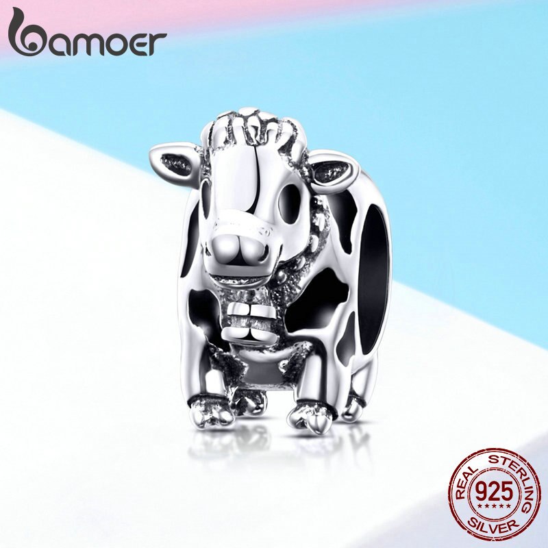 BAMOER-abalorios de vaca de Plata de Ley 925 con de animales, abalorios de vaca para Pulseras originales, joyería de plata fina SCC1049