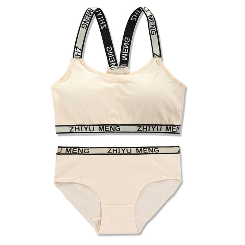 Teen Girls Underwear Soft Padded Cotton Letter Print Bra Set for Young Girls for Yoga Sports Running Free Size