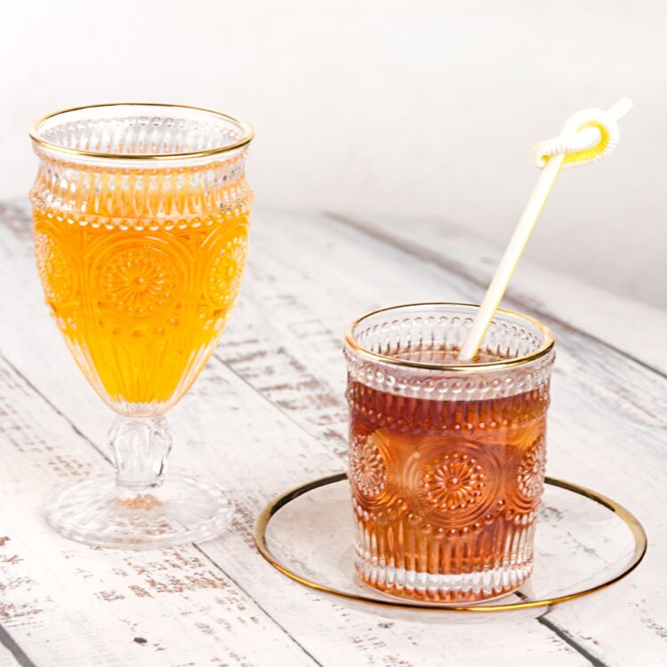 Style européen dessin Phnom Penh Ins verre épais soleil fleur en relief rétro vin verre lait boisson froide verre jus tasse