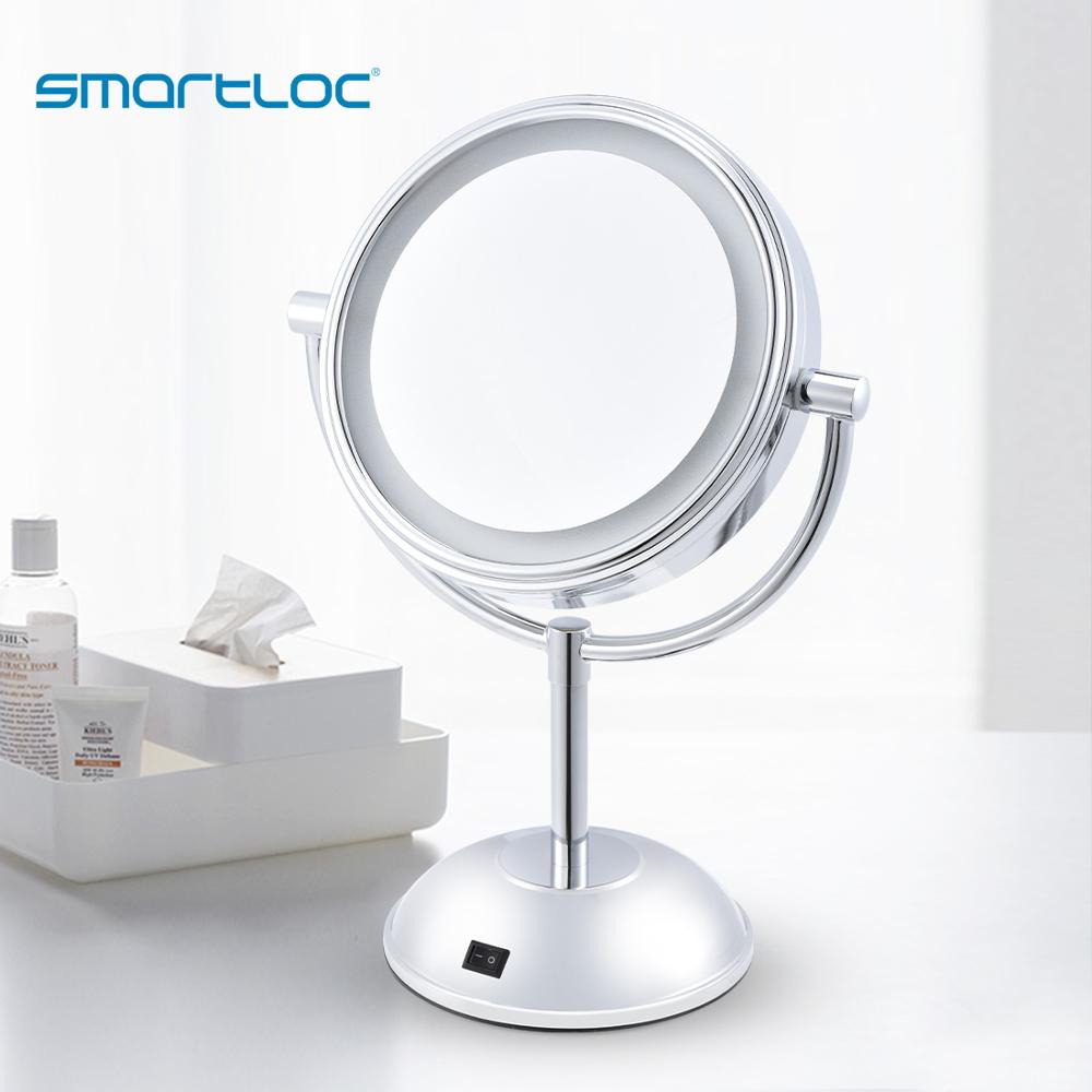 smartloc 2 Face Iron LED Lights Bathroom Stand Round Mirror Makeup 5X Magnifying Bath Make up Cosmetic Vanity Smart Wall