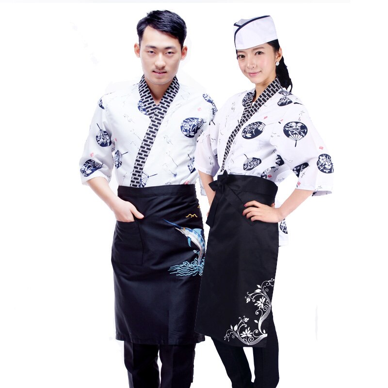 Unisex Japanese Style Food Service Sushi Chef Jacket Kitchen Work Wear Uniform Print Cook Tops Oblique Collar Breathable Kimono