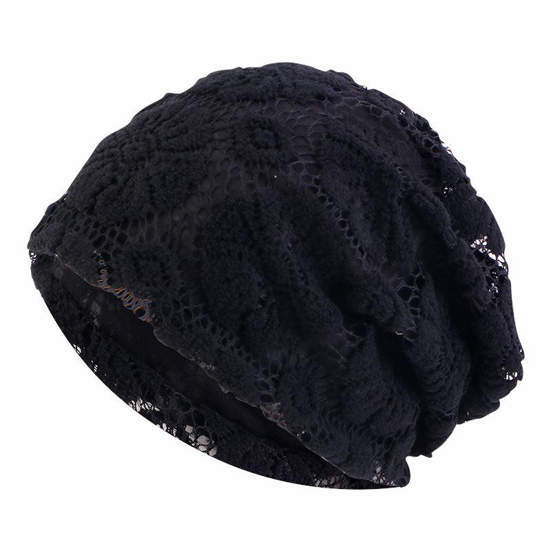 Bonnets doubles couches avec motif de tissage à crochet fin, bonnet à tête ronde, printemps et automne: Black