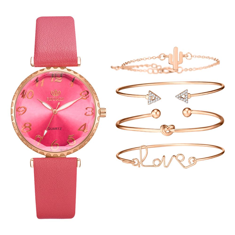 Leather Watches Women Bracelet Set 5PCS Simple White Band Causal Dress Clock Ladies Sports Wrist Watch: Hot Pink Set
