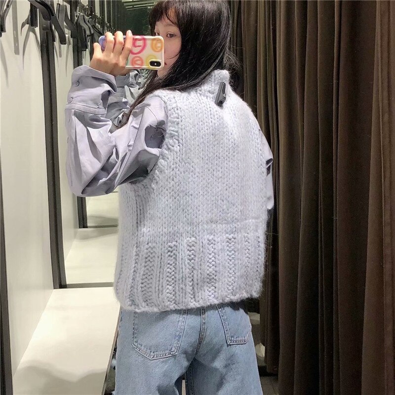 Za-suéter de punto para mujer, chaleco sin mangas con cuello redondo, ropa de calle, Top de punto para mujer, suéteres informales de para Otoño e Invierno