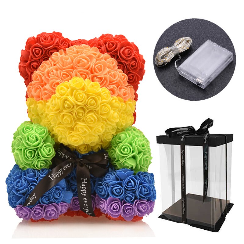 Großen Regenbogen Bär von Rosen mit Kasten 38cm 3D Schaum Rosen Bär Teddybär Kostüm Seife Blume Weihnachten: mit LED 3