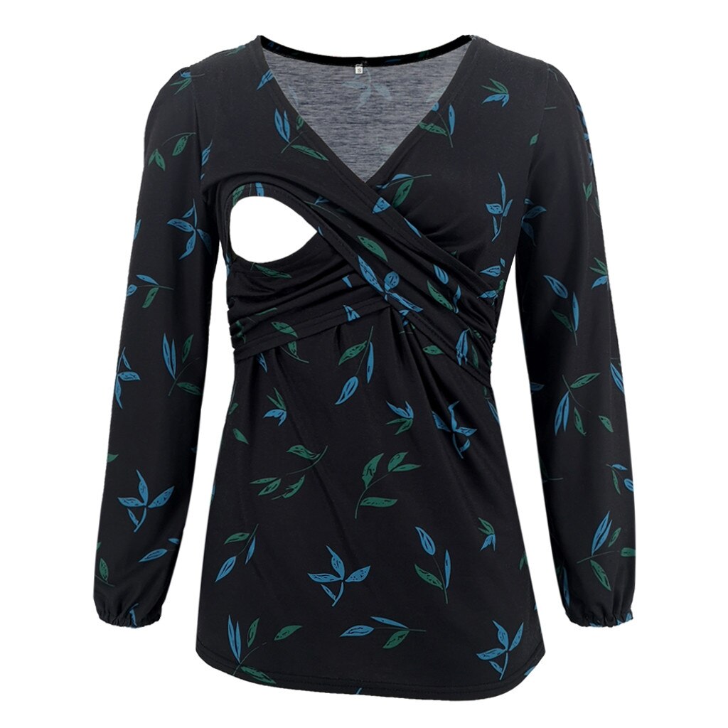 Mujeres impresión embarazada Nusring maternidad cuello en V manga larga volantes estampado blusa maternidad blusas zwangerschaps cleding: Green  / XXL