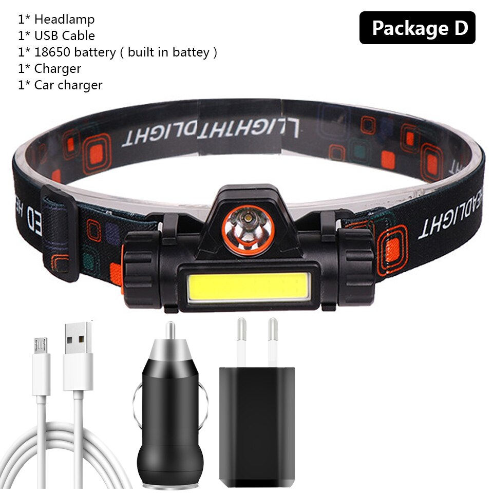 XP-G Q5 built-in 18650 battery 2 light mode with magnet Waterproof headlight head lamp flashlight LED head lamp COB work light: Package D