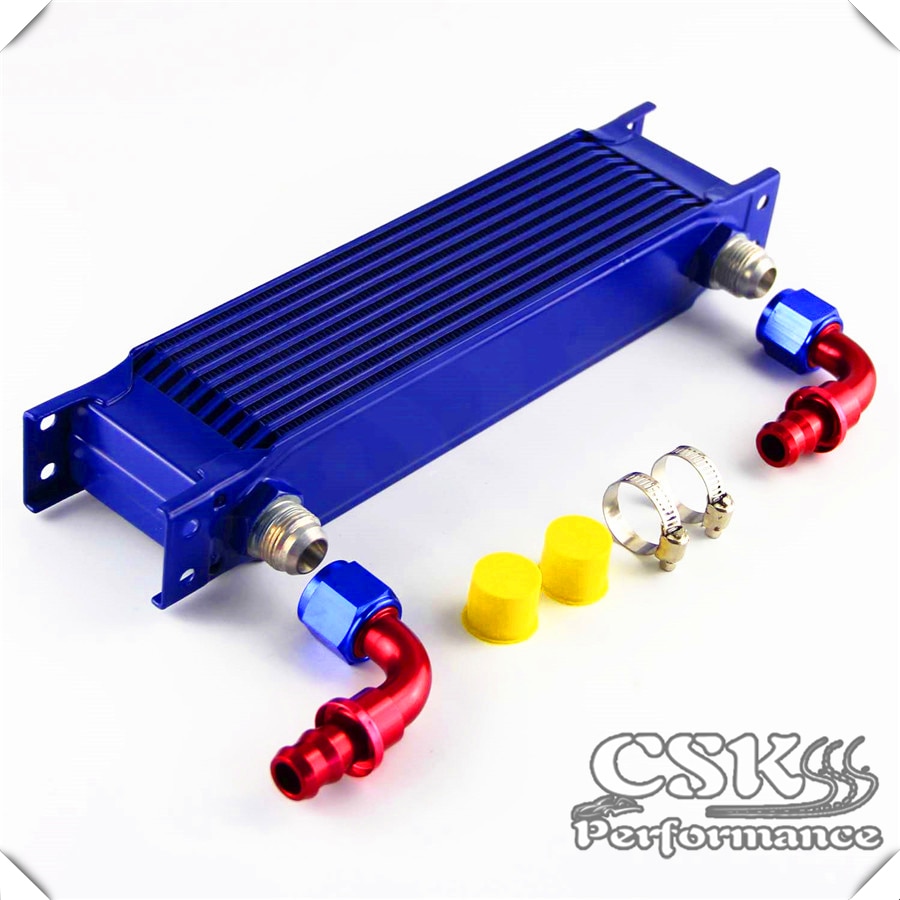 10 rij AN10 Aluminium Oliekoeler Radiator + 2 stuks 90 Graden fittings Blauw