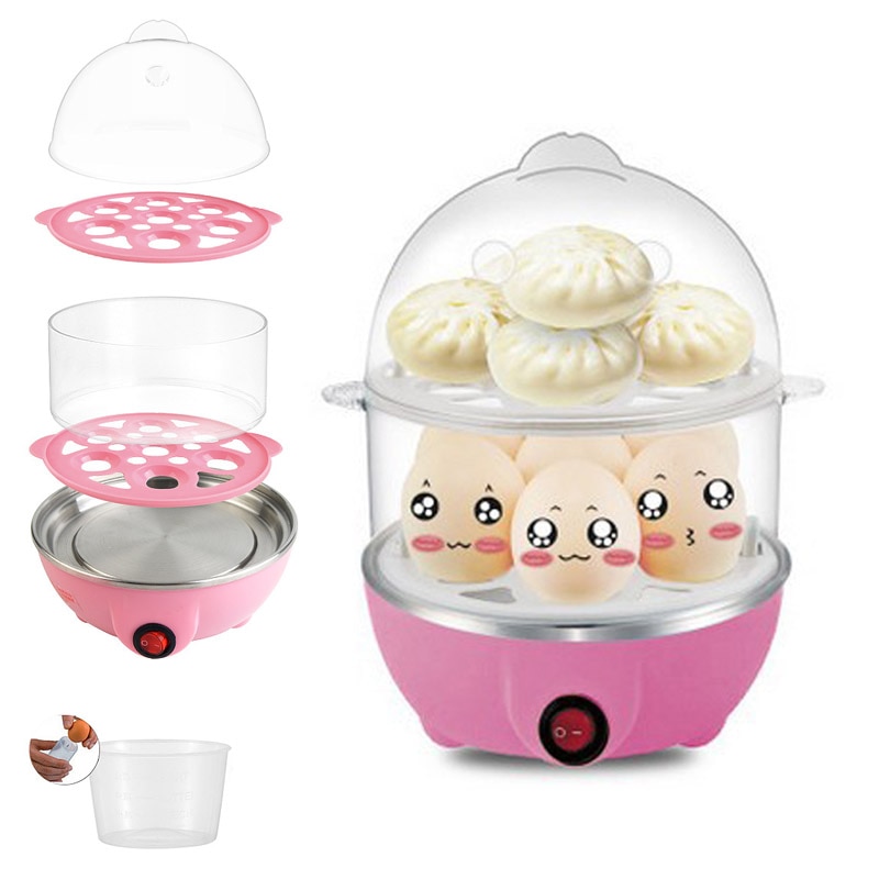 2-Layer Rapid Egg Cooker Steamer Electric Egg Poacher Boiler 14 Egg Capacity Removable Tray GQ