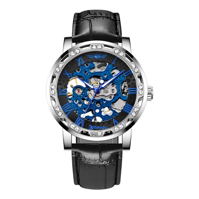 Winnaar Transparant Mode Diamant Display Lichtgevende Handen Versnelling Beweging Retro Mannen Mechanisch Skeleton Horloges: black blue