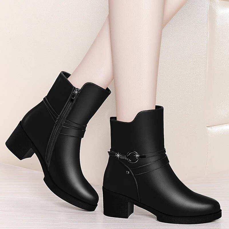 Botines elegantes de piel para mujer, botas cortas de tacón alto para invierno, zapatos de vestir formales para de boda, estilo inglés,